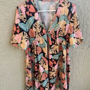 V-Neck Tropical Print Midi Dress in Black and Pink